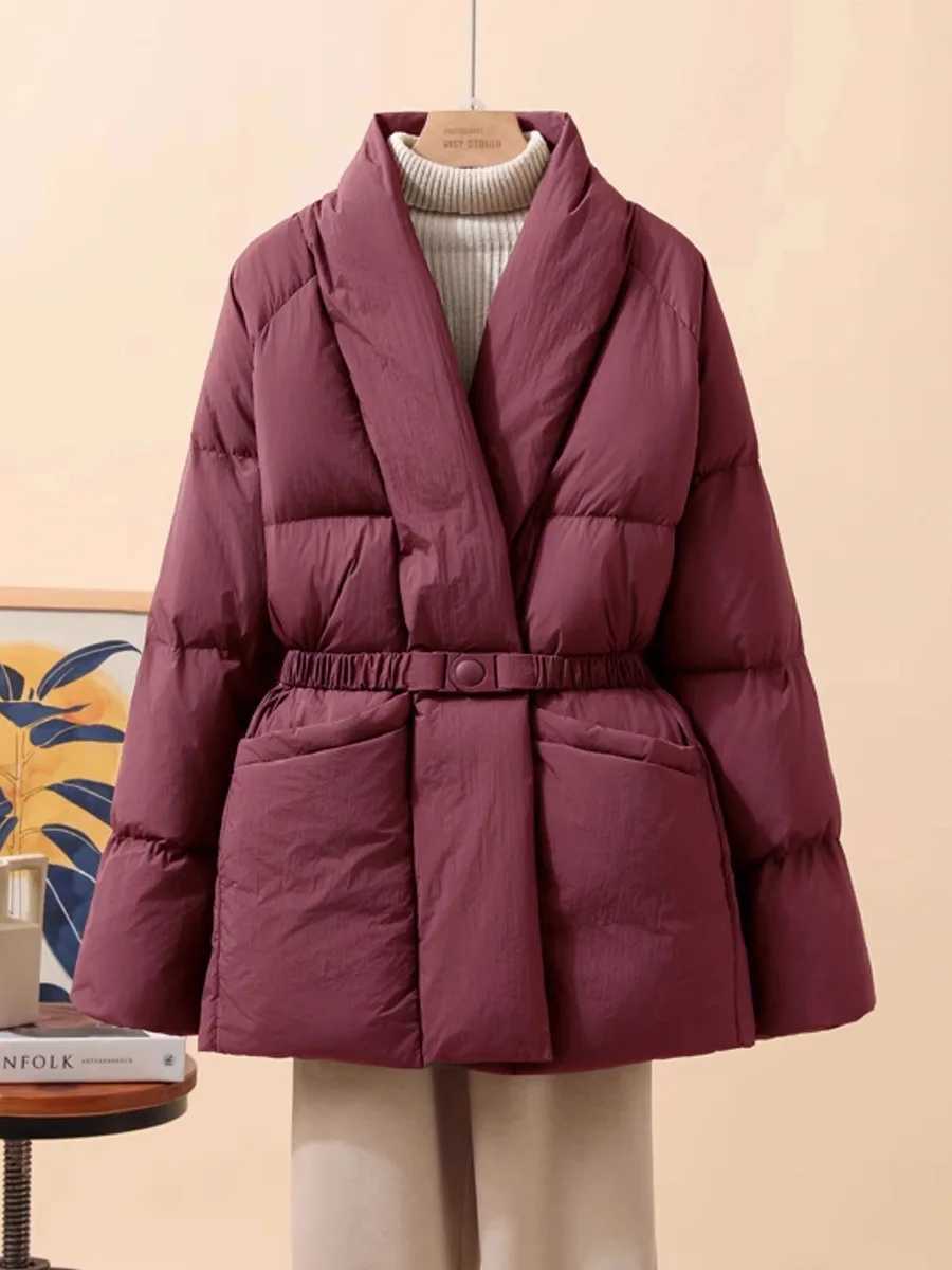 Women White Duck Down Jacket Casual Loose Belt V-neck Collar Fashion Autumn Winter Outwear Korean Style Coat 2026 NewT251105