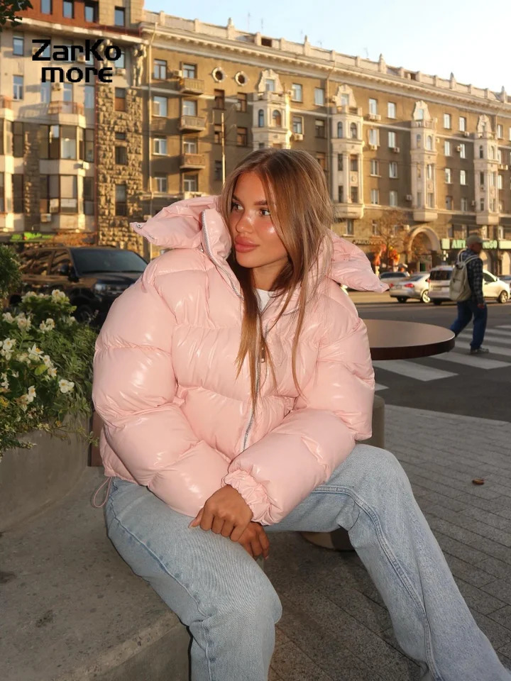 Fashion Shiny Solid Hooded Quilted Jacket Women Stand Collar Long Sleeve Zipper Warm Coat 2025 Autumn Winter Lady Street Outwear 251103