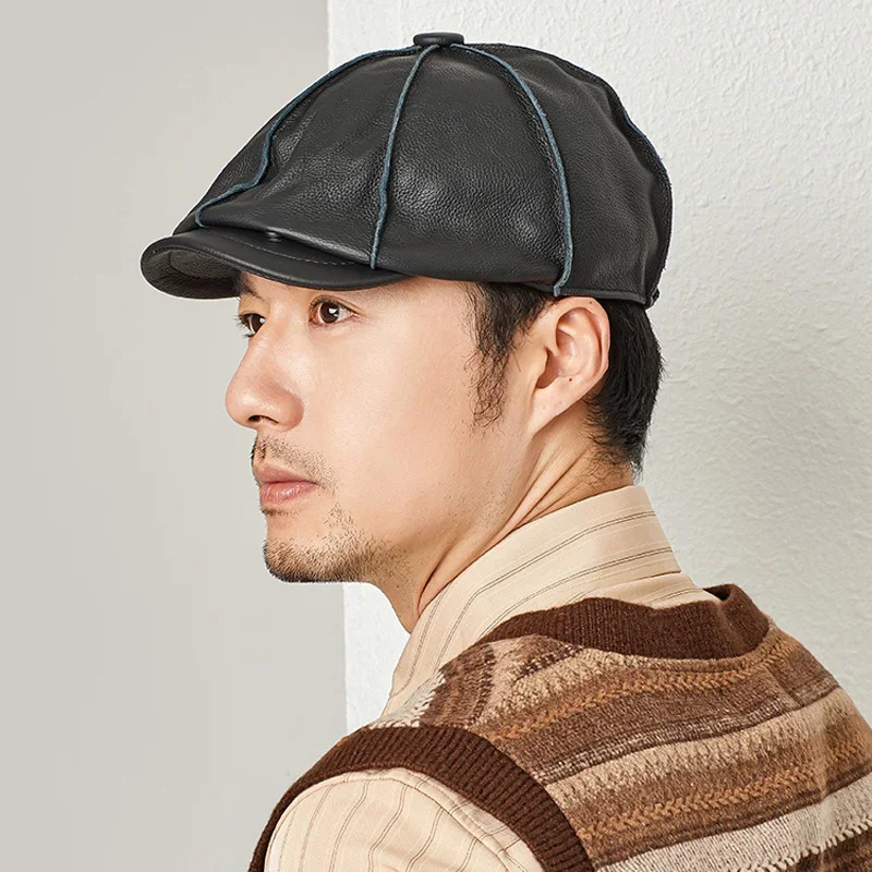 Casquette Genuine Leather Beret Hat Winter Mens Cowhide Leather Elegant Fashion Student Tongue Cap Caps For Driver 251104