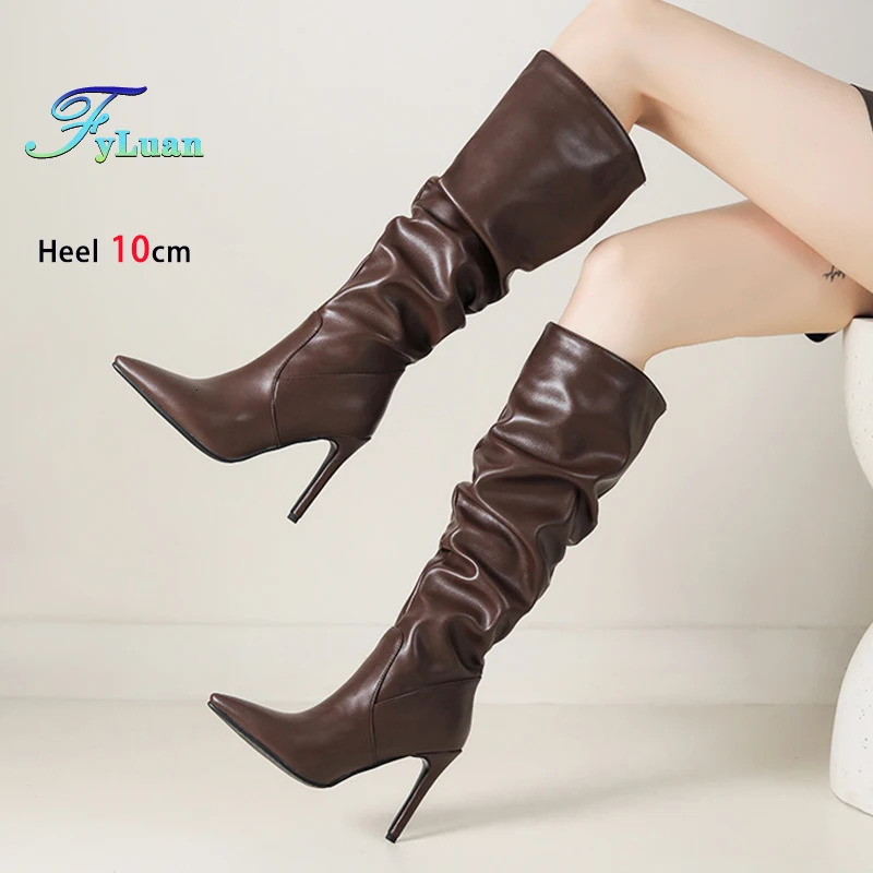 2025 Winter Knee Boots With Heels Woman 10CM Stiletto Fashion Slip on Pointy Autumn Shoes Women Soft Leather Pleated Long Boots 251031