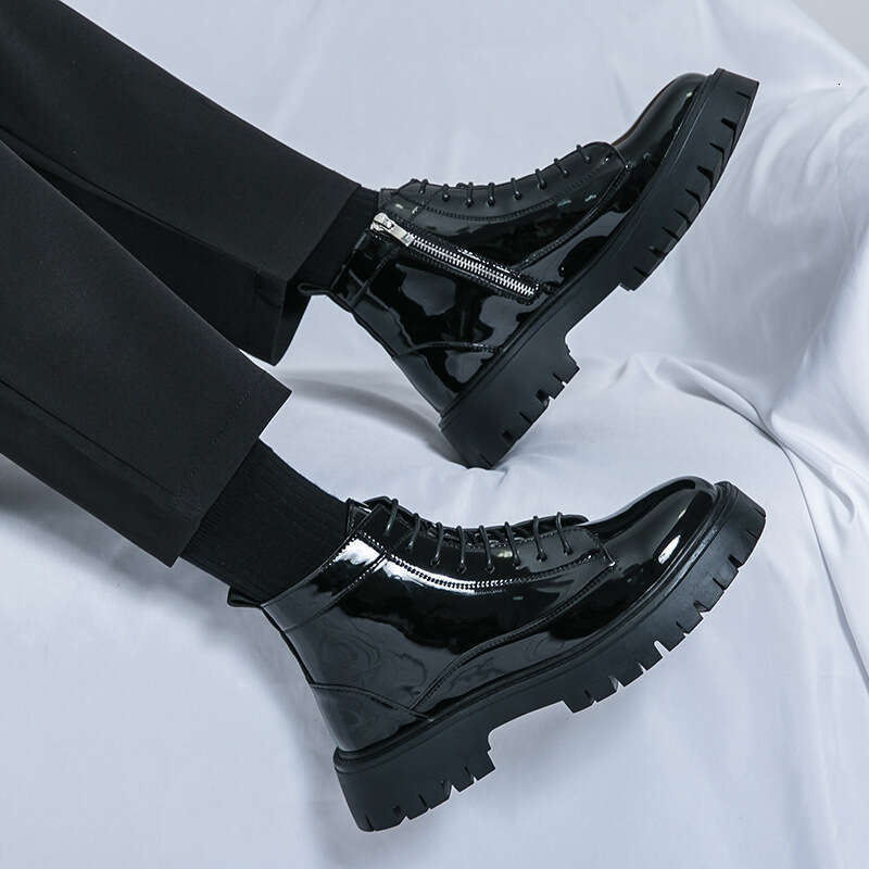Men's shoe plus size new casual fashionable mid top Martin Korean version trendy side zipper leather boots