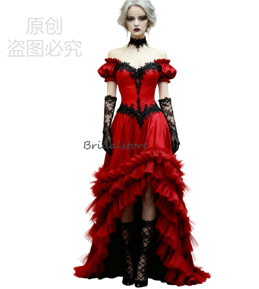 Vampire Red Gothic Evening Dress With Tiered Ruffles Off Shoulder Black Lace Prom Dress 2026 Costume Corset Medieval Formal Gown 1950s Vestidos De Nov