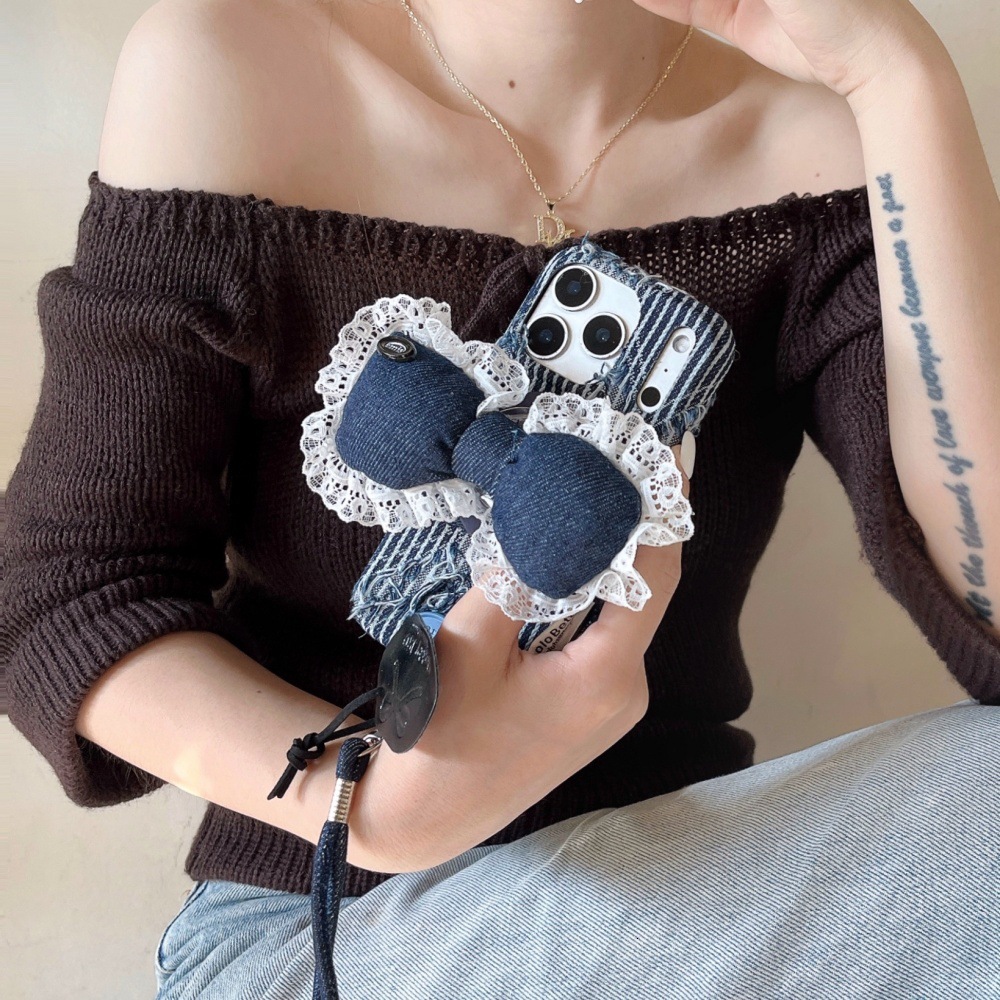 Denim Irregular Striped Bow Stand Phone Case Compatible with iPhone 17/16 Pro iPhone 15 Cartoon 14