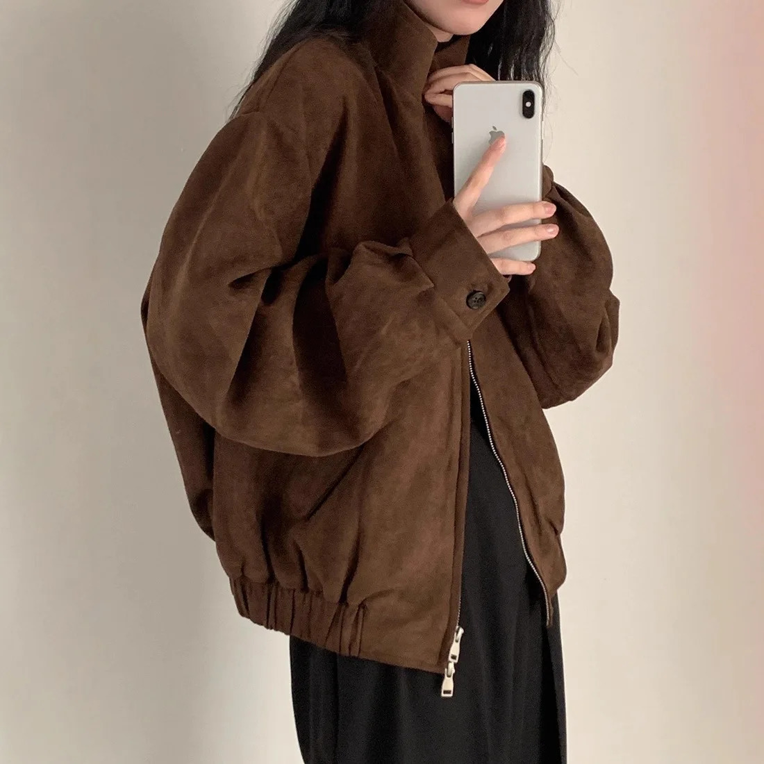 Womens Short Suede Jacket Pilot Style Midweight Long Sleeve Zipper Closure Pure Color Loose Fit Comfortable Casual Outerwear 251104