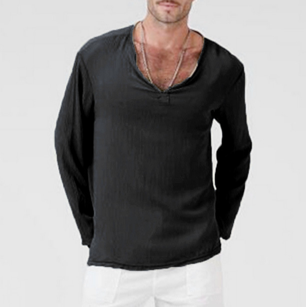Spring new mens cotton and linen solid color V-neck casual loose oversized long sleeved T-shirt shirt