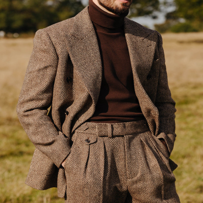 Chic Herringbone Men Wedding Suits Peaked Lapel Double Breasted Tuxedos For Groom Blazer Pants Party Business Set 251023