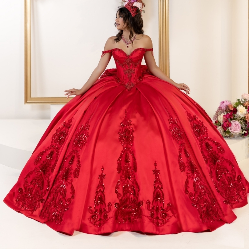 Red Shiny Quinceanera Dresses Off The Shoulder Sequin Applique Lace Beads Bow Tull Party Birthday Sweet 16 Dress Vestidos 15 De Anos