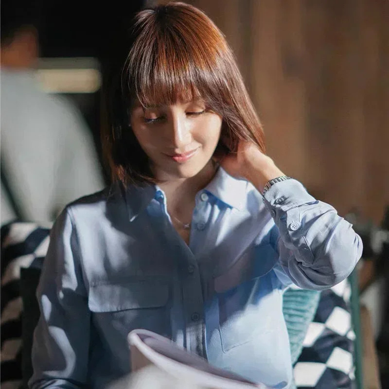 39 Colors Option Draped Sand-washed Mulberry Silk Shirt Women Blouse Classic Double-pockets Solid Color Long-sleeved Silk Shirt 250402