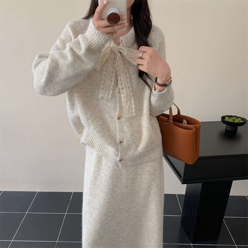 Gentle Temperament for Women, Autumn and Winter 2025 New Lace-Up Sweater A-Line Knitted Skirt Solid Color Two-Piece Set