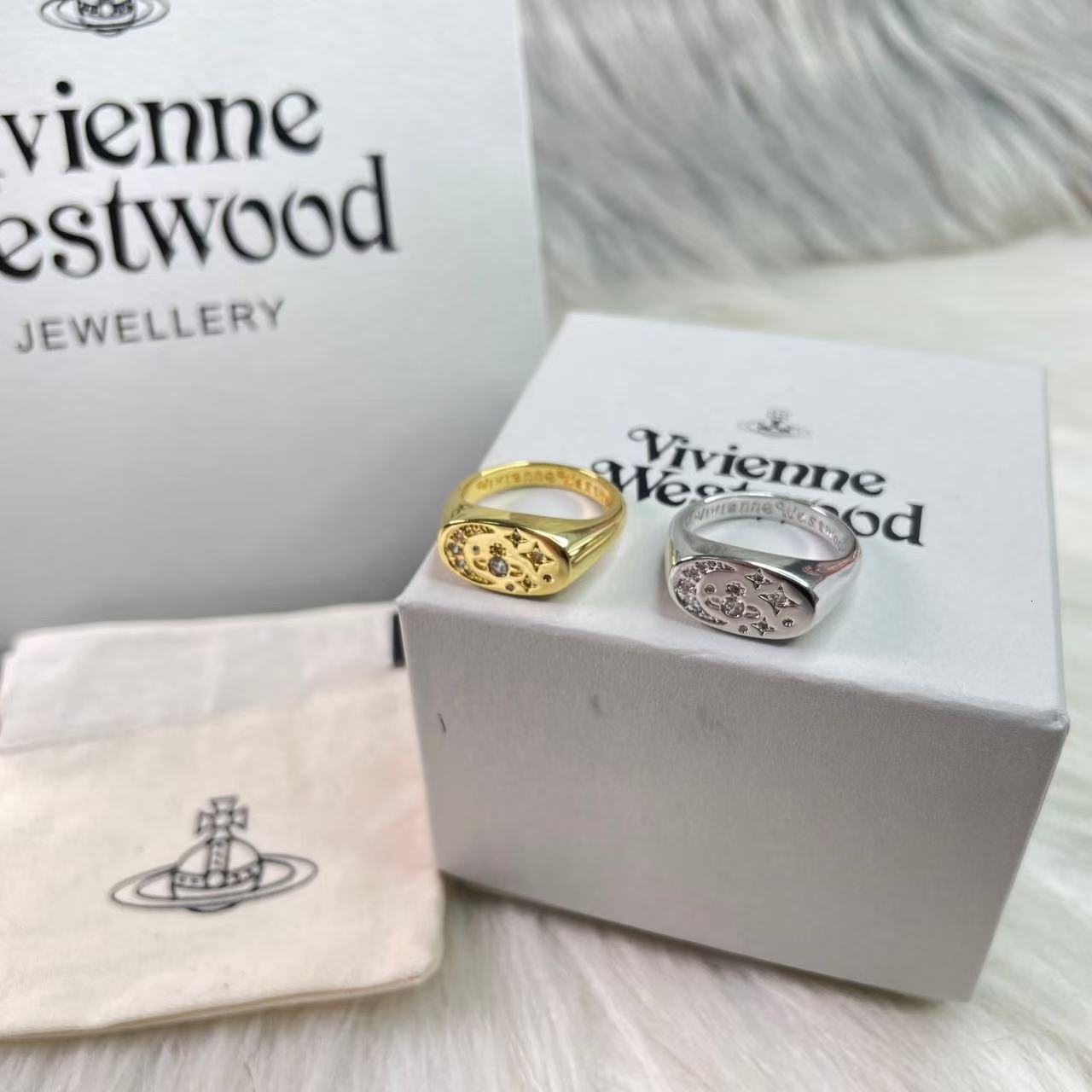 Designer Viviennen West Wood Saturn New Western Empress Dowager Gold and Silver Edge Full Diamond Zircon Saturn Ring Actress Moon Handpiece Simple and High End Ring