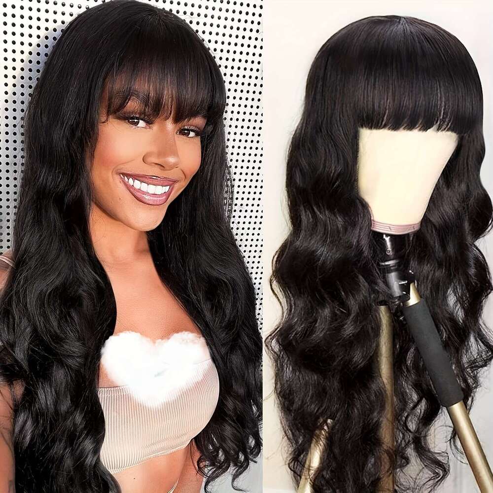 200% Density Brazilian With Bangs Long And True Length Human Hair #1B Glueless Body Wavy Full Hine Made Scalp Top Wig No Lace Front Wigs For Women Nat