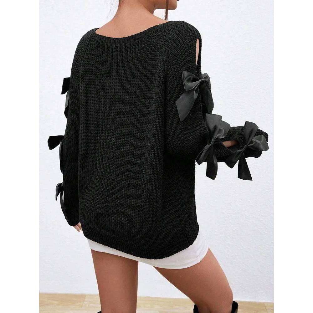 Fashionable Bow Details Hollowed Out Raglan Sleeves Knit Round Neck Minimalist Sweater Designer Sweater Bear Sweater