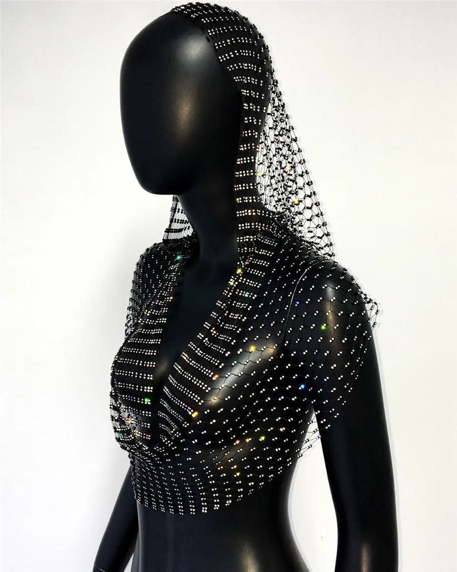 Sexy deep V-neck backless womens vest shiny rhinestone hollow see through fishnet cover tank top carnival crop top 250403