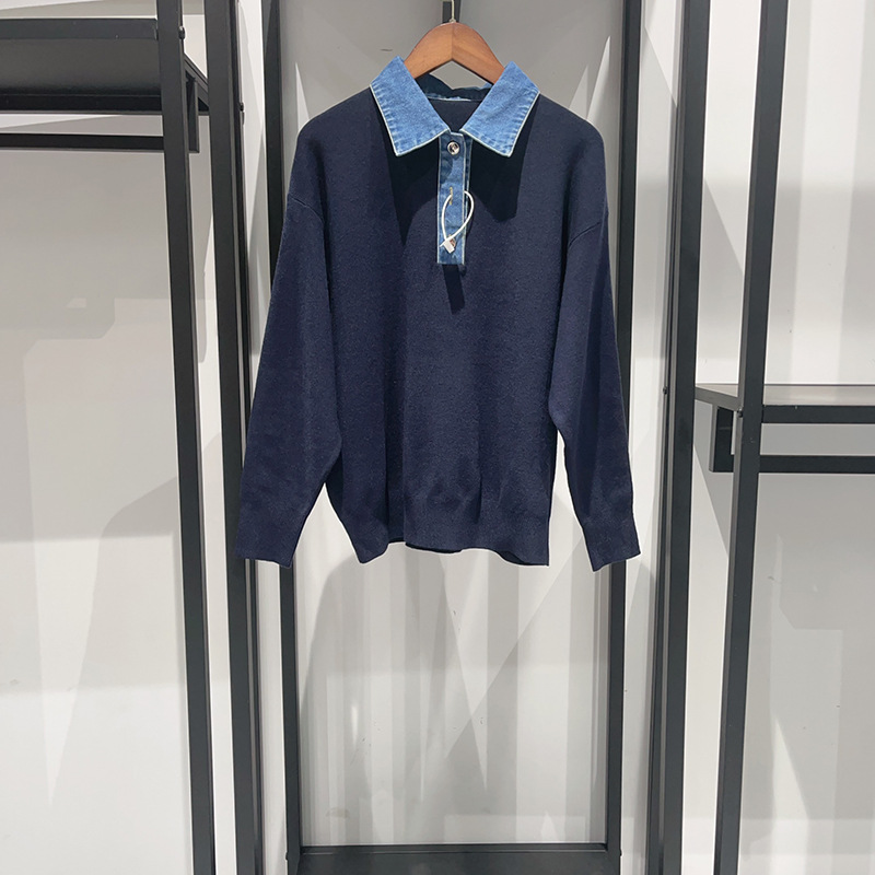 Women's Sweaters Knit Sweater Embroidery polo sweater Denim Splice Turn-down Collar Long Sleeve Female Pullover With Buttons Autumn Winter design