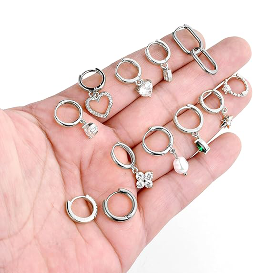 Huggie Hoop Earrings Silver Plated Small Dangle Hoop Earrings Heart Pearl Star Flower CZ Cartilage Earring Sets for Multiple Piercing Stacks Stud Hoop