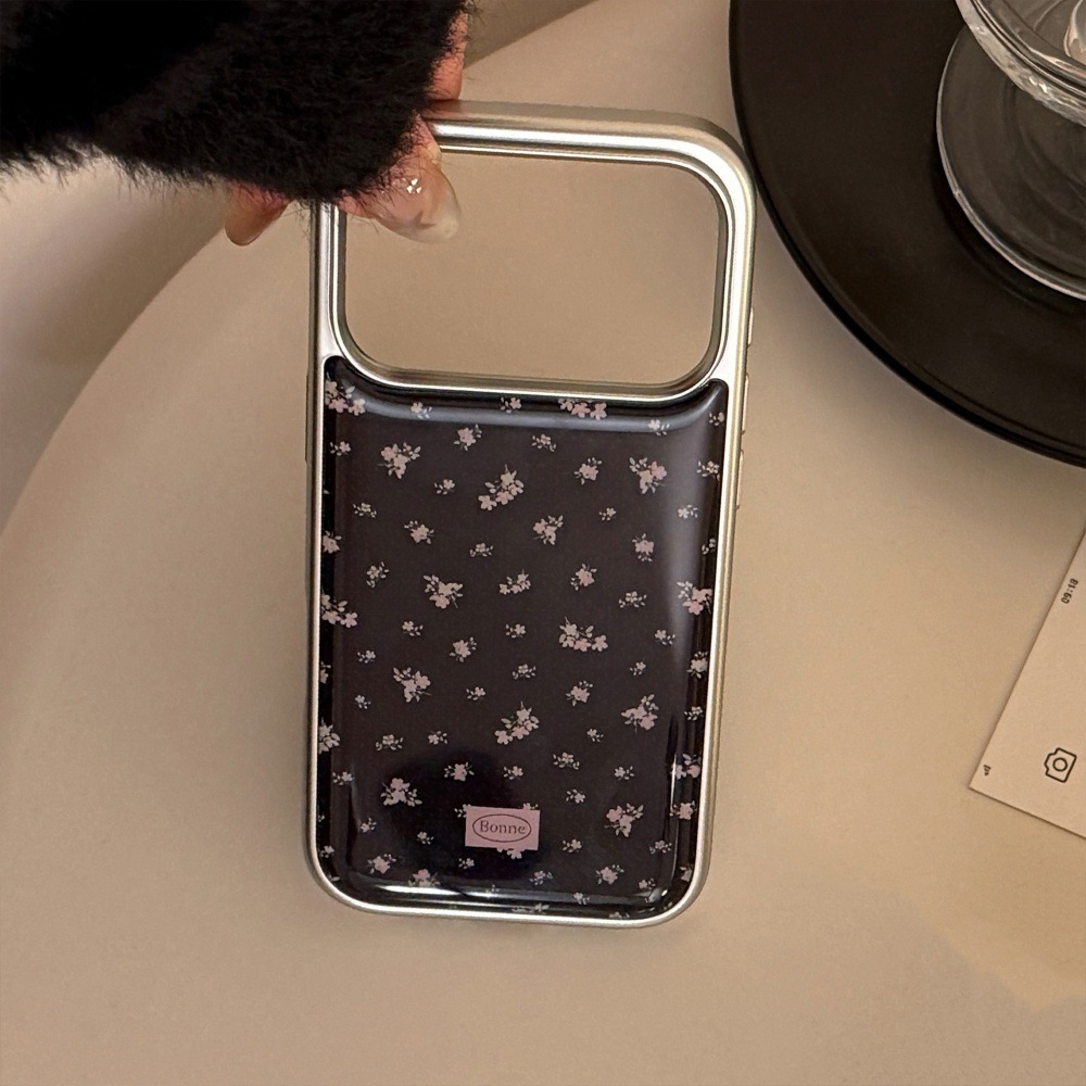 Rose Pink Flower Black Simple Phone Case Compatible with iPhone 17/16 Pro Electroplated Resin Case iPhone 15/14 Niche