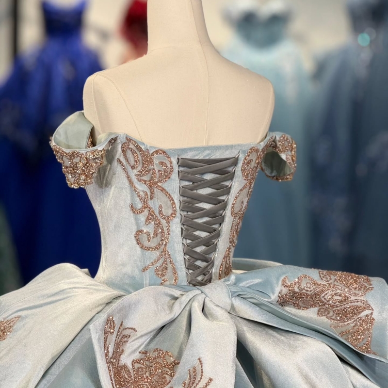 Sky Blue Shiny Quinceanera Dresses Off The Shoulder Sequin Applique Lace Beading Crystal Bow Party Birthday Sweet 16 Dress Vestidos 15 Anos