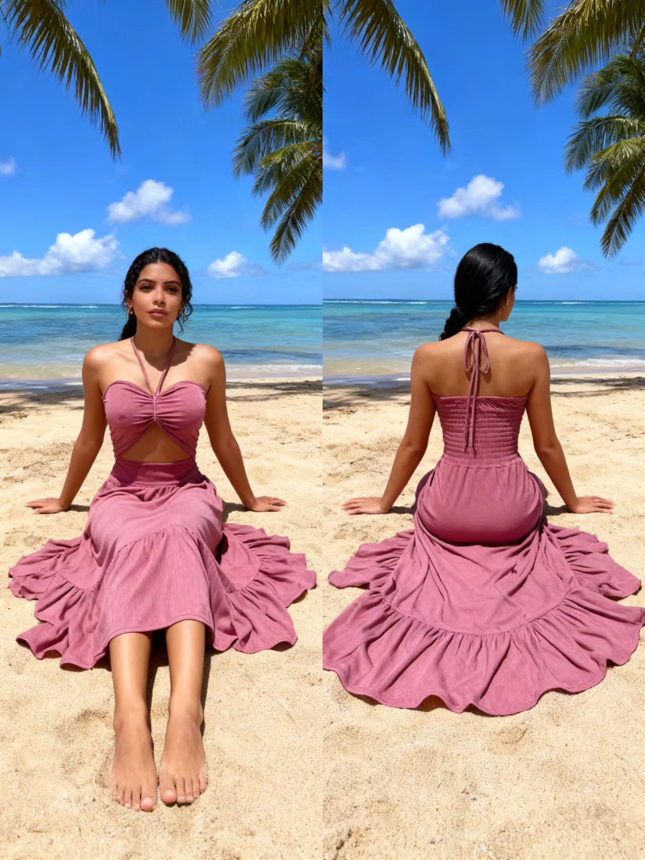 New Solid-Color European-Style South American Beach Resort Elegant Halter Neck Dress