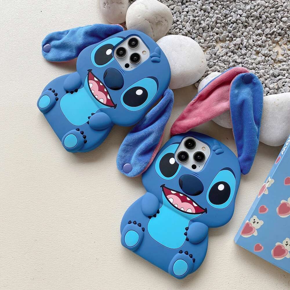 For iPhone 15 11 Max Pro 14 Plus 13 12 Kawaii Sit Big Ear Button Strap Cartoon Silicon Soft Phone Case