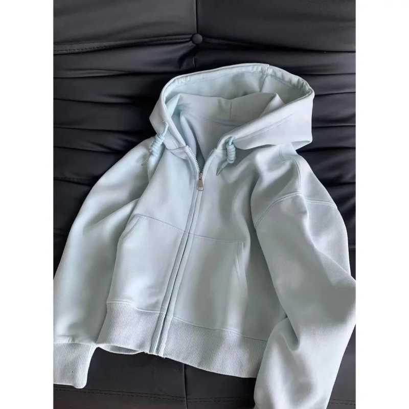 Short Hooded Zip Up Sweatshirt Jacket Women Casual Open Front TopT251105