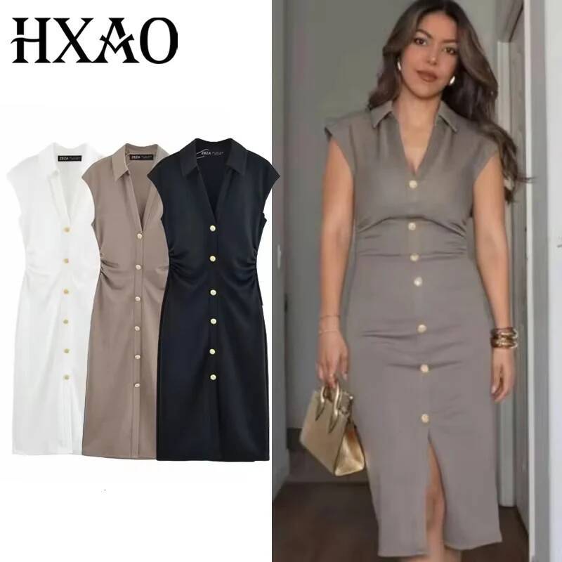 winter jacket women HXAO Ruched Women's Summer Bodycon Elegant Party Sleeveless Solid Midi Dresses Button Long Shirt Dress 088