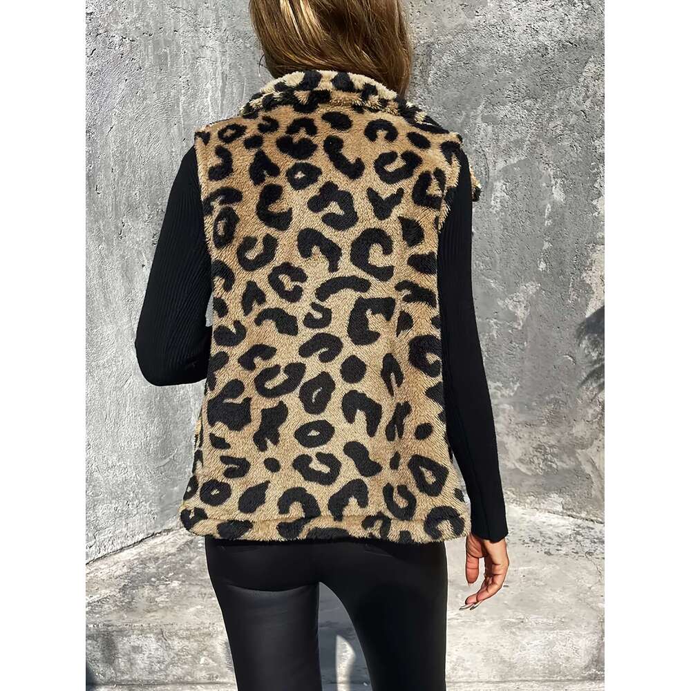 Women's Leopard Print Teddy Faux-Fur Sleeveless Vest With High Neck & Zipper Closure - Warm Winter Coat Fall/Winter, Hine Washable, Versatile Lay