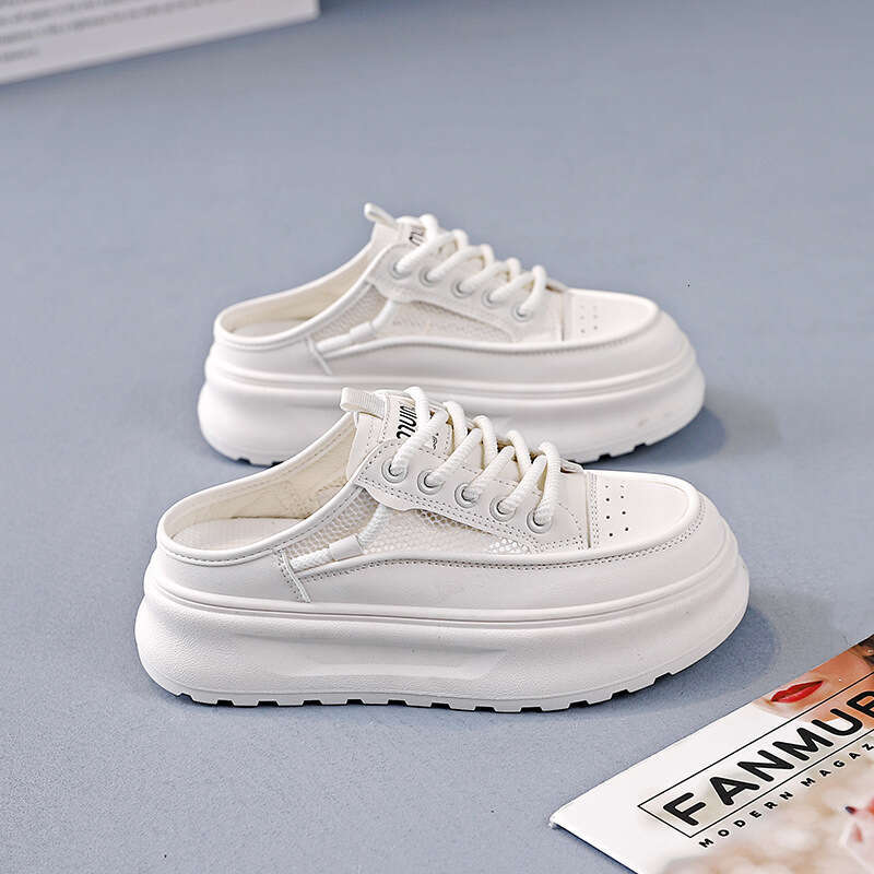 Thick soled half support slippers women, versatile and casual for outdoor wear, 2025 summer new breathable Baotou white shoes KT-2661