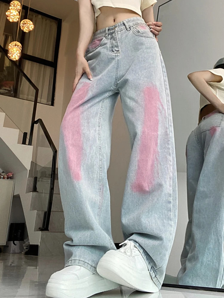 Womens straight leg bag Korean version graffiti jeans girls loose Y2K punk street clothing denim pants oversized wide mens 250403