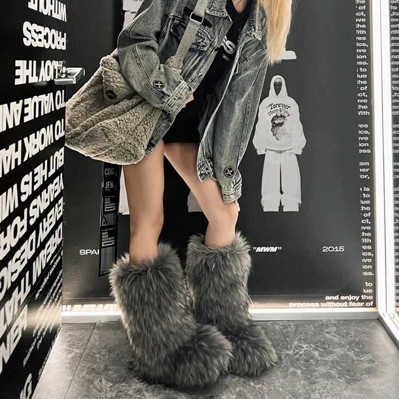 New woolen boots high end luxury cotton boots winter imitation fox fur snow boots suitable for trend both men and women knee high spicy girl boots