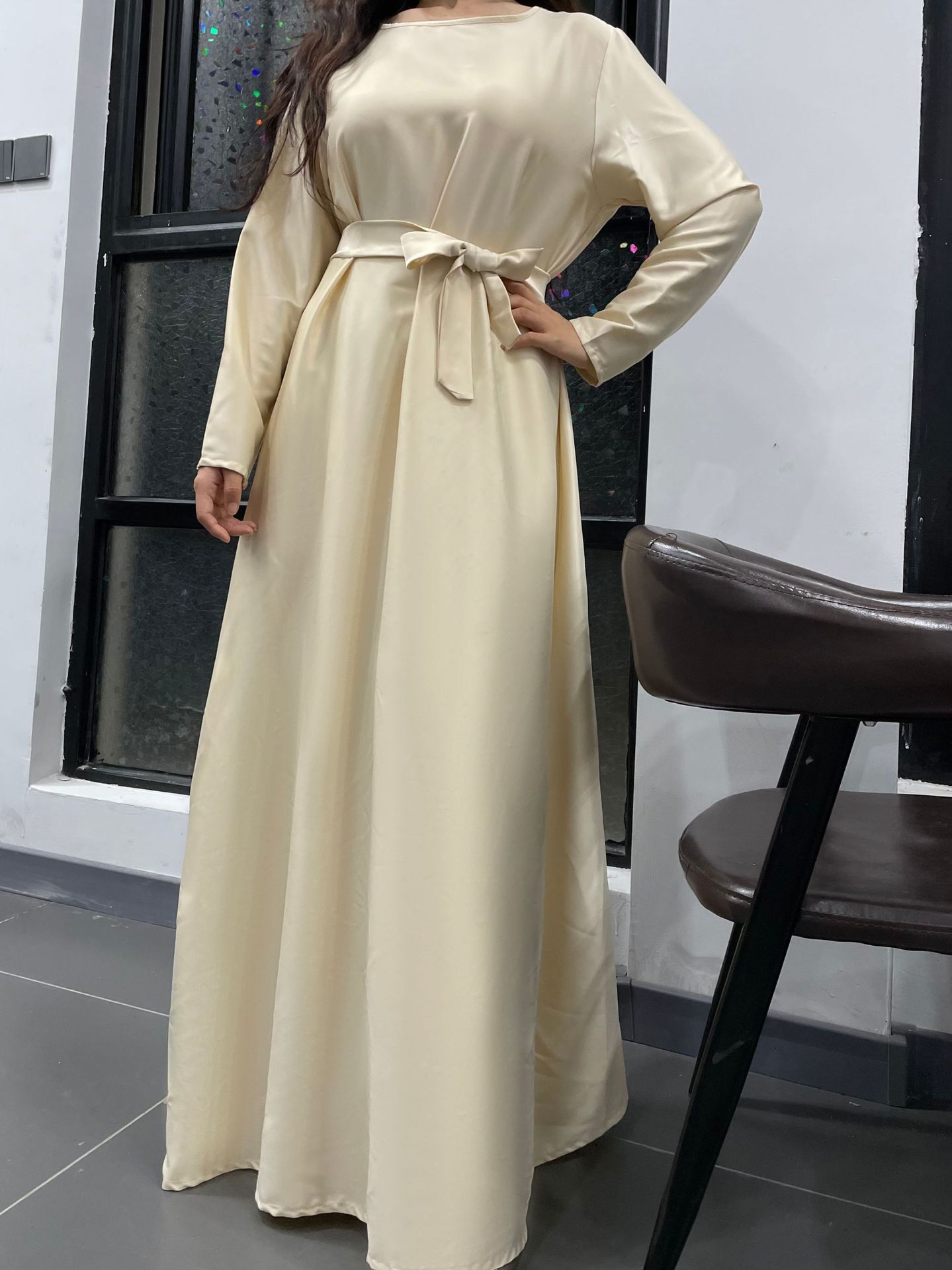 Autumn French Solid Color Interior Soft Satin Dress Dubai Home Reception Robe Abaya Maxi Dresses Islamic Clothing