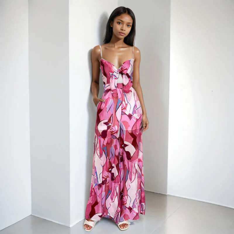 Women's Spring New Items Casual Strapless Jumpsuits Trendy Print Lace-Up Loose Bodysuits Female 33A2541