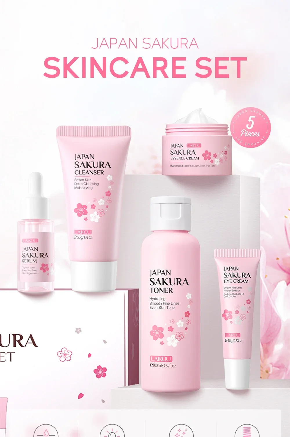 LAIKOU Sakura Kit Skin Care Sets and Reducing Fine Lines Cleansing Pore Product 5Piece Korean Skincare Set 251031