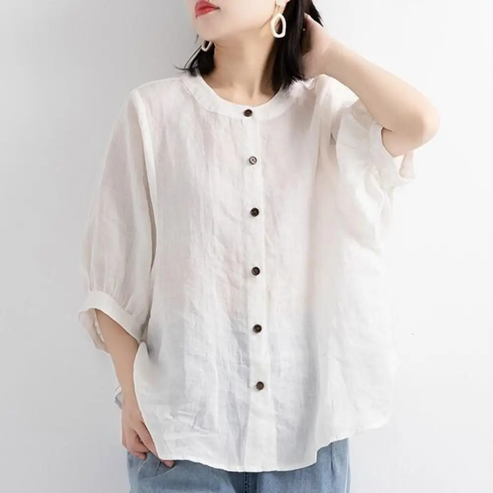 Women Shirt Retro Half Lantern Sleeves Ruffle Cuffs O Neck Summer Linen Shirts Ladies Loose Female Sweatshirt Top Casual Blouse 250402