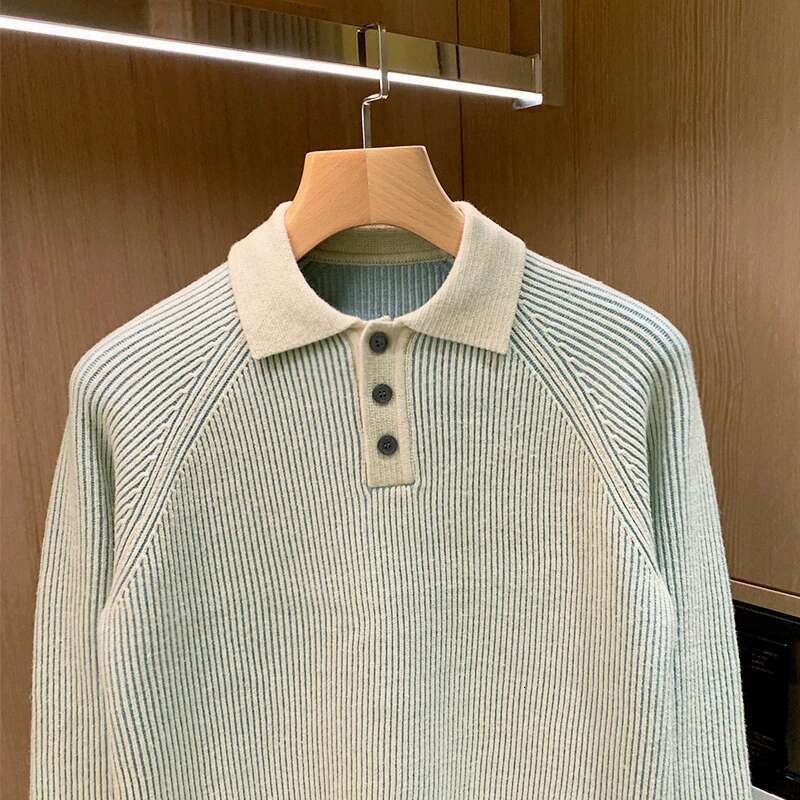 Autumn Lapel Solid Color Pullover Sweaters For Men Casual Knitted Sweater High Street Fashion Jumpers Knitwear A72