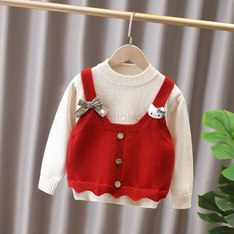 Sanrio Girls KT Cat Fake Two-Piece Pullover Sweater 2025 New Fashionable Childrens Knitted Top Thickened Warm Childrens H251105