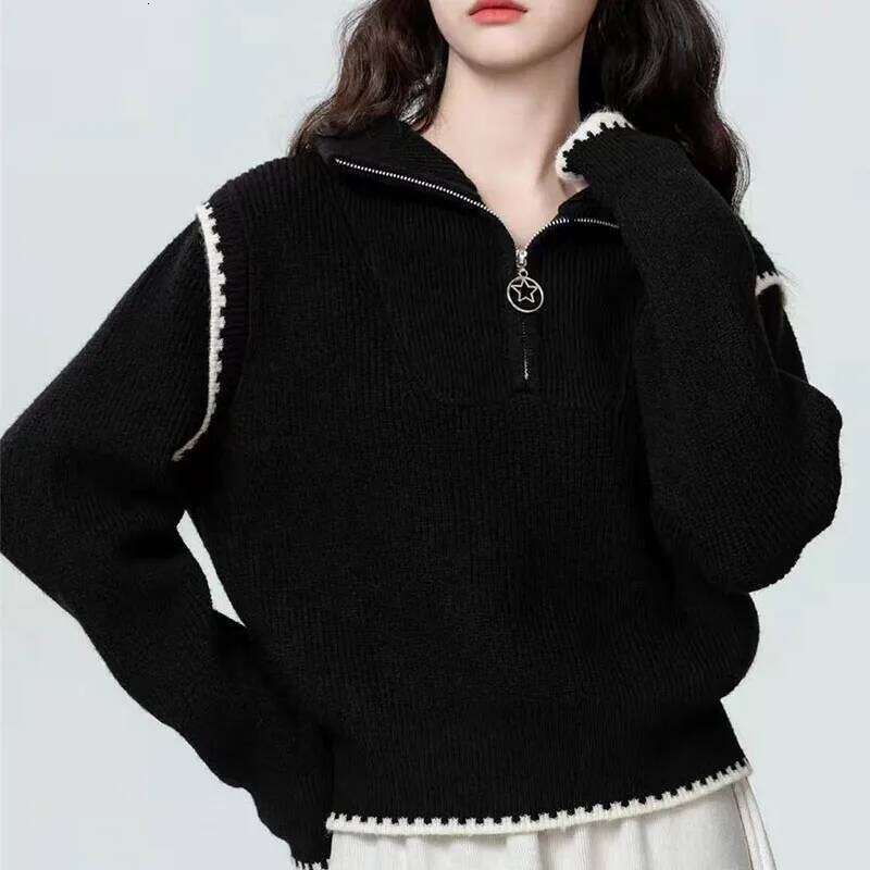 Autumn And Winter New Semi-Zipper Sweater Turtle Neck Women's Joker Loose Padded Knit Top Designer Sweater Bear Sweater