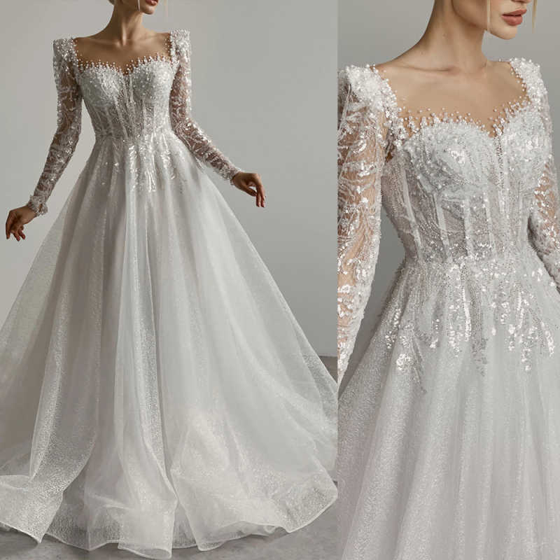 Princess A Line Wedding Dresses Sequins Long Sleeve Sweep Train Bridal Gown Beadeds Vestidos De Novia Custom Made