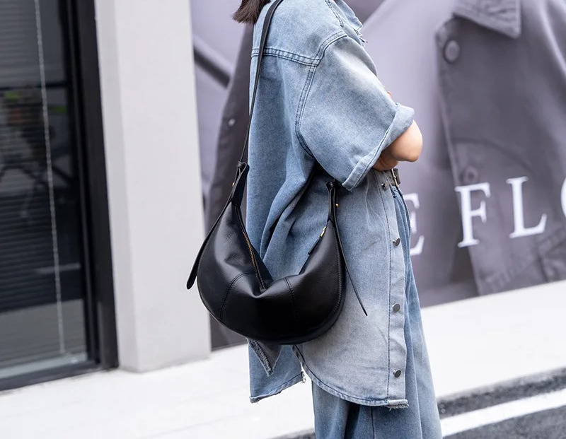 Classic Casual Style Croissant Shoulder Bags For Women Natural Cow Leather Female Crossbody Bag Real Cowskin