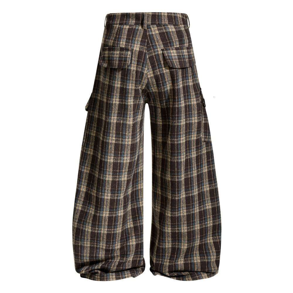 Loose Long Men's European and American Trendy Brand Vibe Sports Casual Pleated Paratrooper Plaid Multi-Pocket Cargo Pants