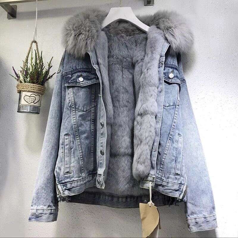 Large Fur Collar Denim Jacket For Women, Short Style, Winter New Versatile Korean Version, Loose Fit, Fleece Lined, Thickened Cotton Coat B5