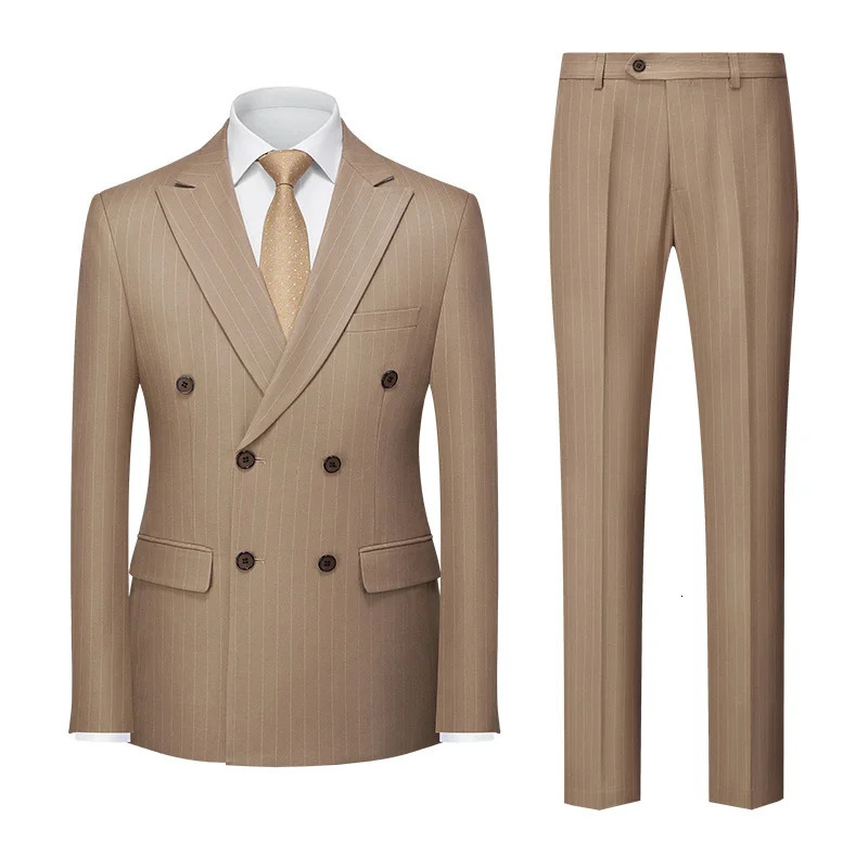 Blue Pinstripe Mens Doublebreasted Suit Twopiece WeddingPartyBusiness Dress Jacket and Pants Red Gray Male Sets M4XL 5XL 251105