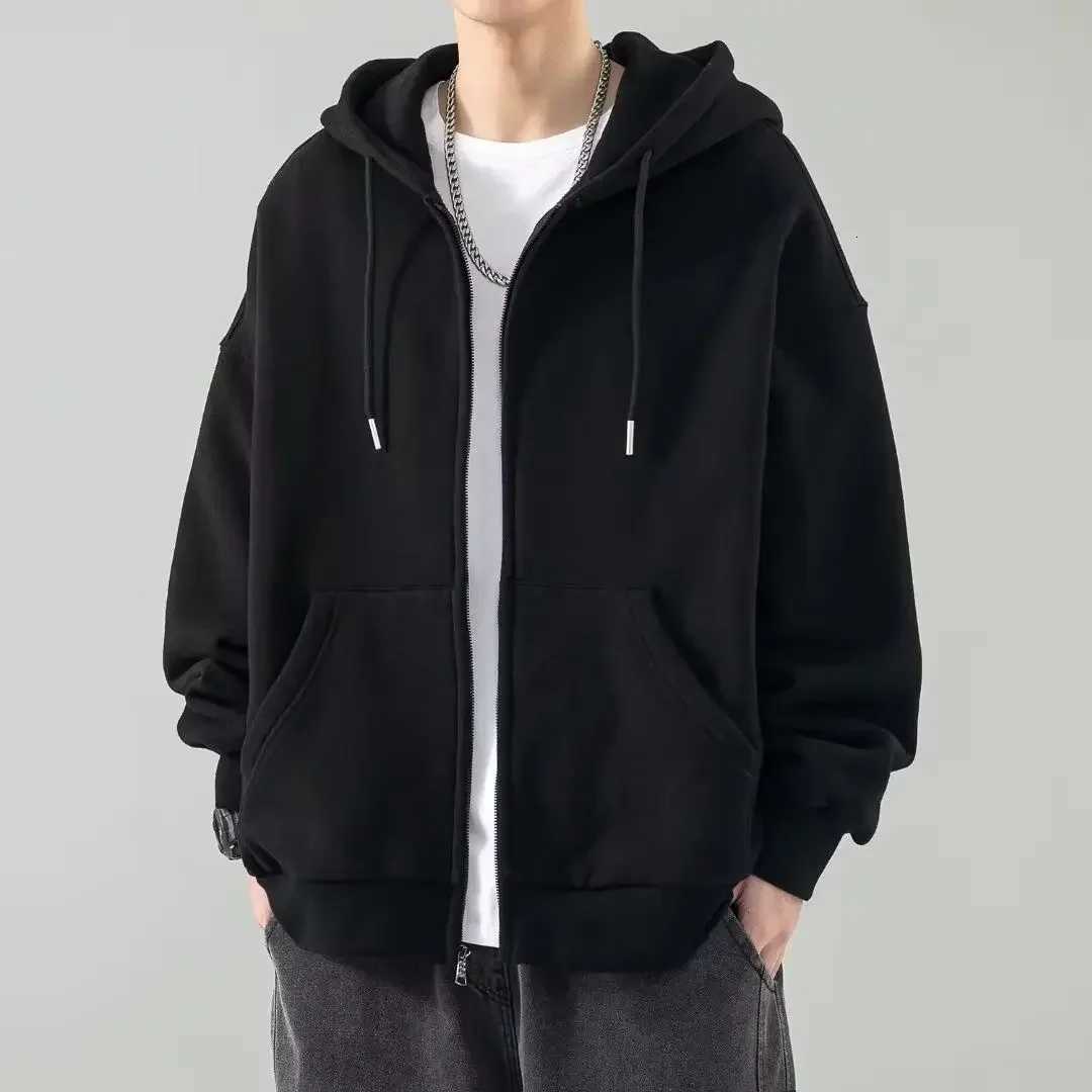 Male Clothes Black Solid Sweatshirt For Men Full Zip Up Hooded Hoodies Winter Young On Sale Offers High Quality Korean Style ST251105