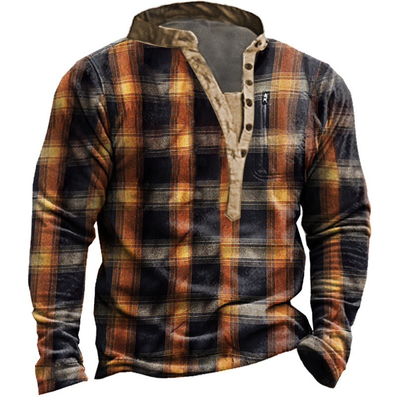 Spring new mens standing collar printed military uniform top mens long sleeved T-shirt mens