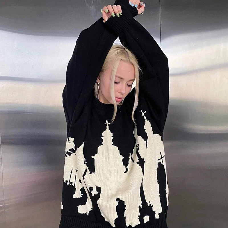 y2k gothic sweater top Hip Hop Men Women Streetwear Vintage Halloween EMO Harajuku Knitted Sweater winter Pullover Loose Retro 251104