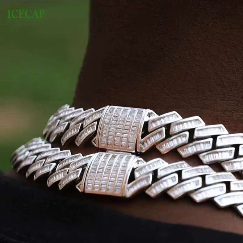 20mm Baguette Miami VVS Moissanite Diamond Custom Cuban Link Chain Charms Necklace 925 Soild Silver Hip Hop Jewelry for Men