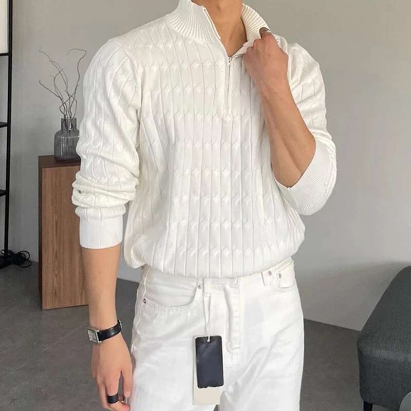 Autumn Clothing Men's Knitted Jacquard Zipper Pullover Sweater Premium Vintage Solid Color Stand Collar Long Sleeve M-3Xl