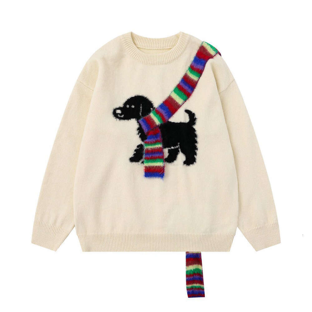 Animal Puppy Embroidered Crew Neck Men's Autumn Winter Loose Casual Top Design Color Block Knitted Sweater