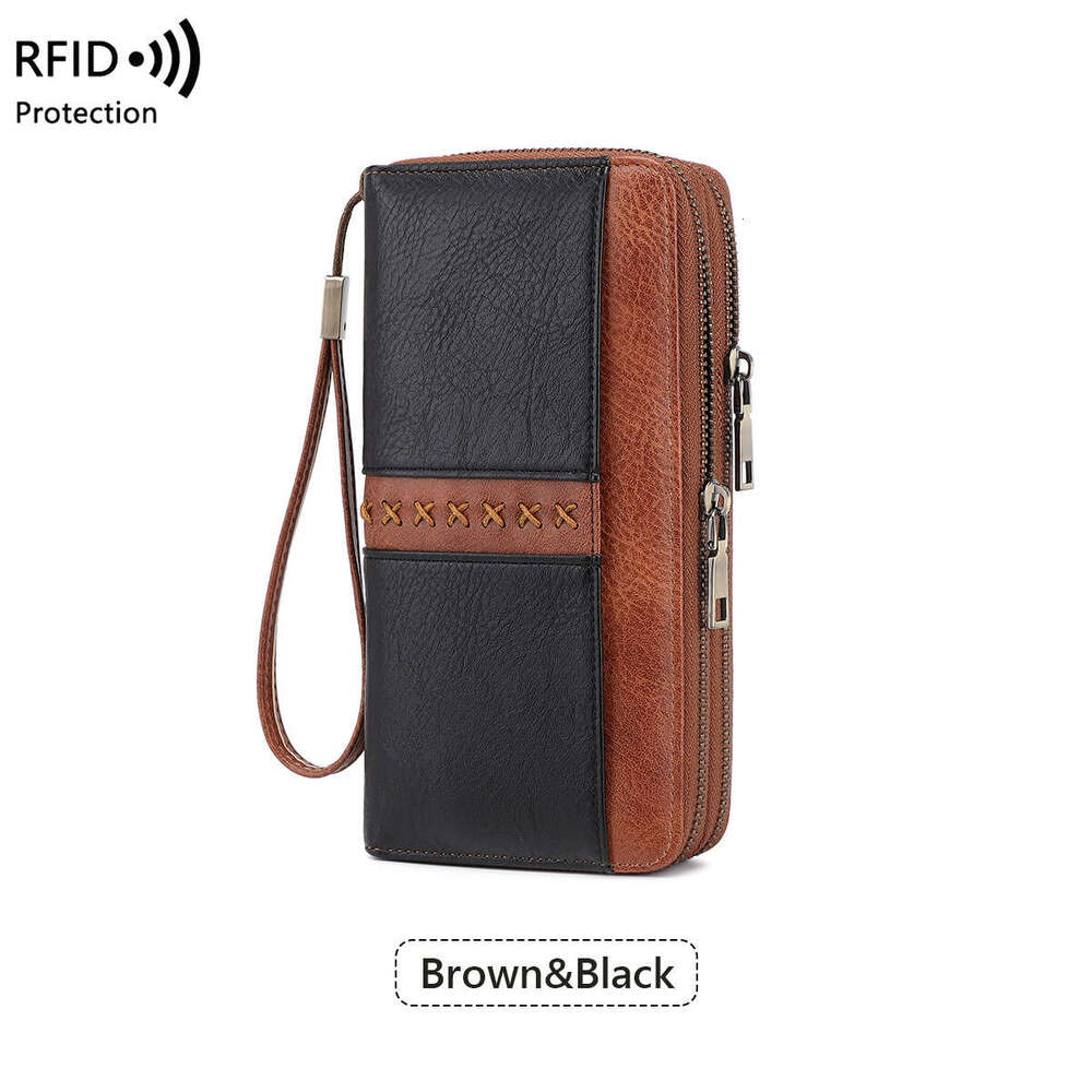 Cross-Border New RFID Women's Double Zipper Contrast Color Long Wallet European and American Retro Large Capacity Men's Clutch