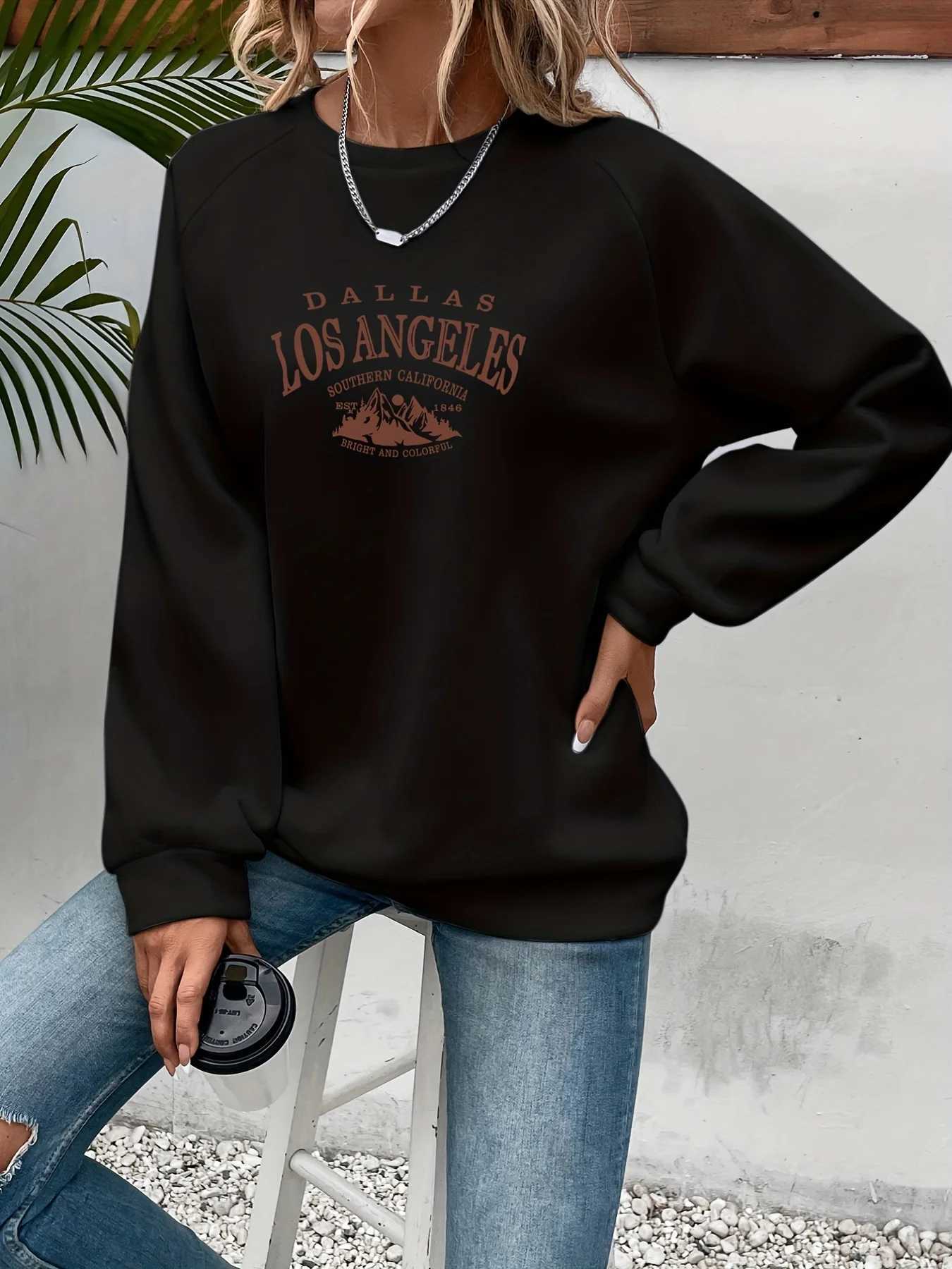 Womens autumn and winter casual wide pine mountain and letter pattern print warm and velvet long sleeved round neck sweatshirtT251105