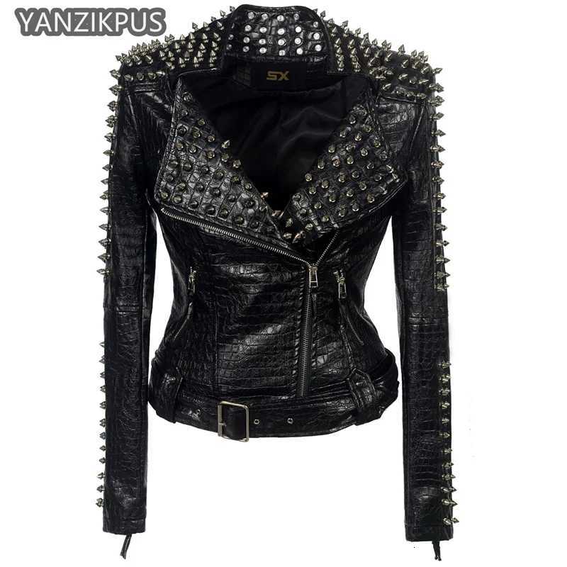 2025 Steampunk Rock Rivet Womens Leather Jacket Slim Short Strtwear Gothic Embroidery PU Leather Locomotive Coat Femme C251105